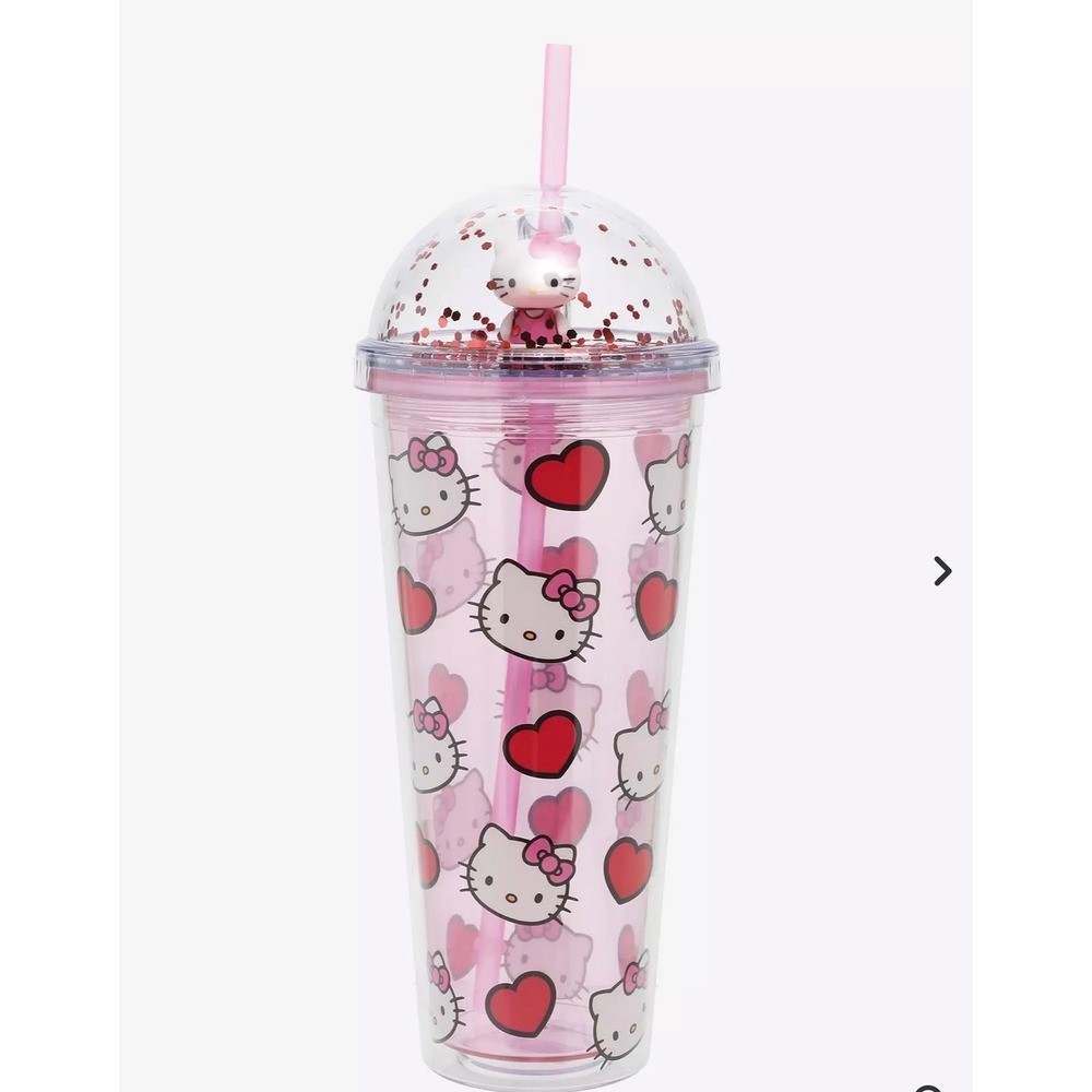 Sanrio Hello Kitty V-Day Dome Tumbler Pink Hearts 3D Figure Glitter Lid 2024